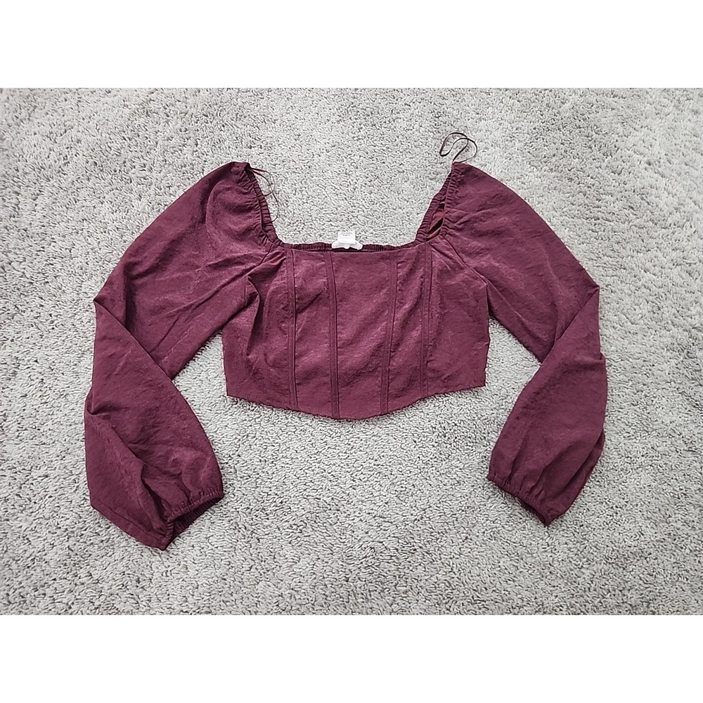 Kurious Corset Crop Top Womens XL Burgundy Smocked Square Neck Long Sleeve